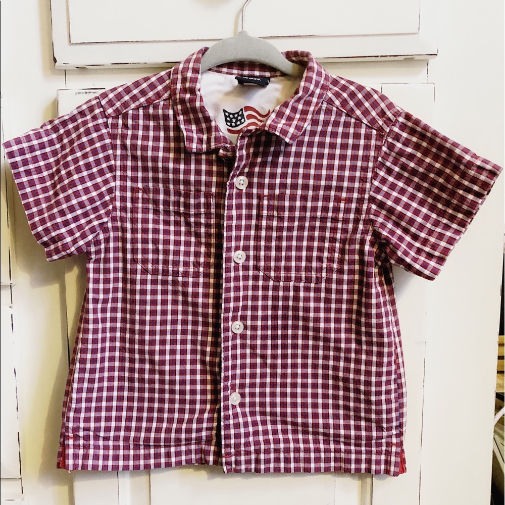 Red, white, and blue plaid button up shirt